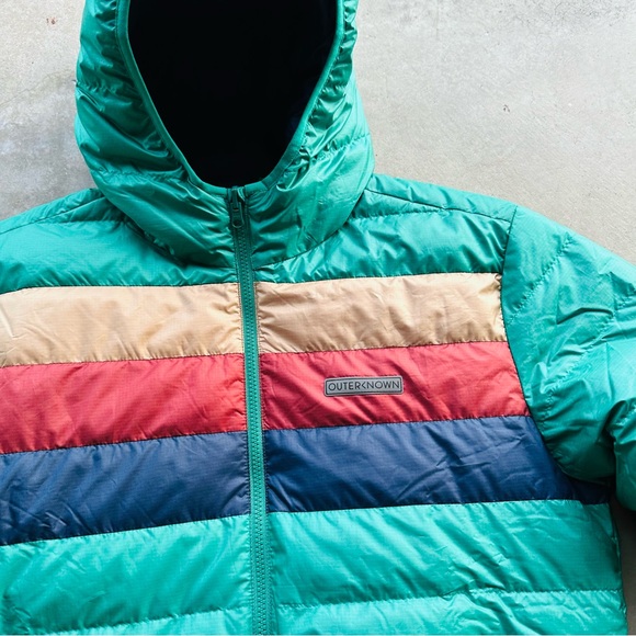 Outerknown Reversible Hooded Chromatic Puffer Jacket Men’s L Marine Rainbow - Picture 2 of 8
